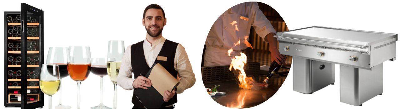 teppanyaki y expositor de vinos